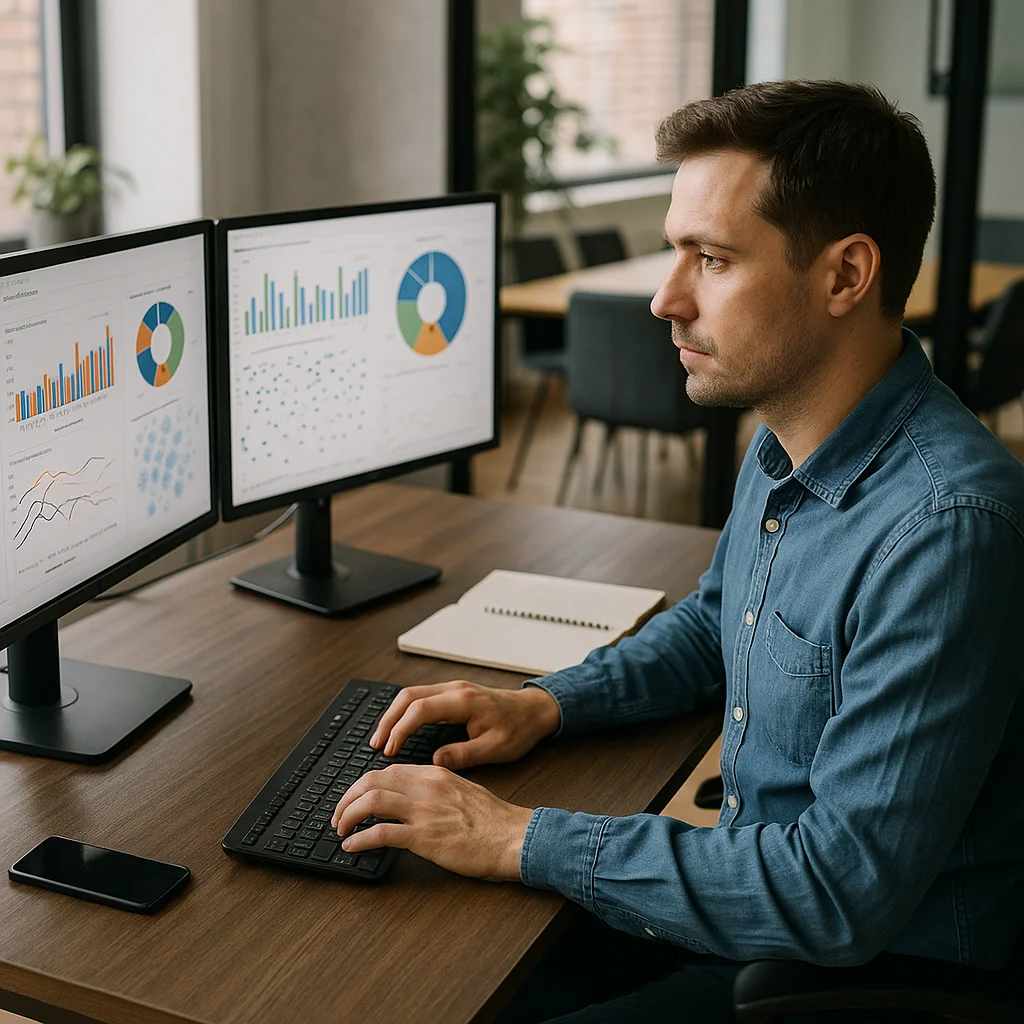 A man in a denim shirt types at a black keyboard while viewing two monitors displaying bar charts, pie/donut charts, scatter plots, and line graphs in an open-plan office with wood-toned furniture.