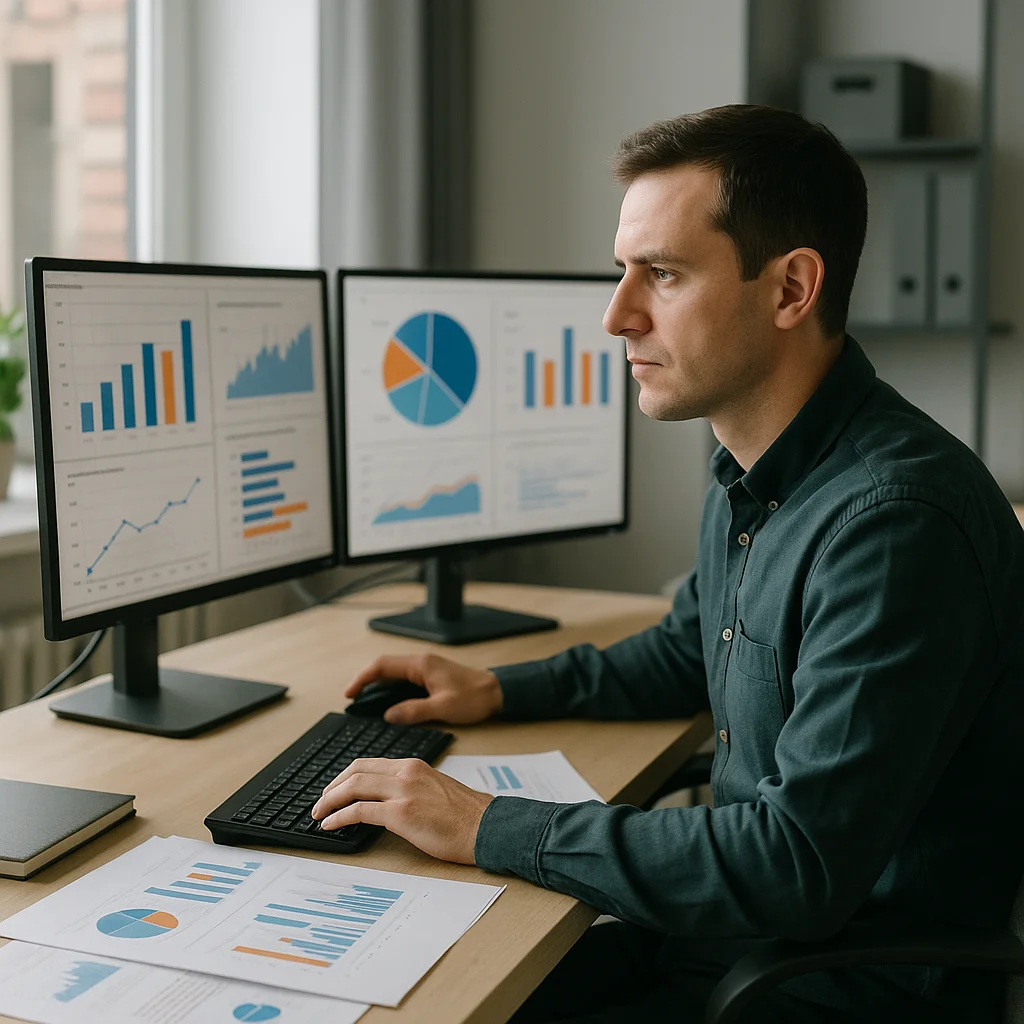 A man in a dark green button-up shirt sits at a wood desk using a keyboard and mouse, facing two black monitors showing blue-and-orange bar charts, a pie chart, a line graph, and area charts, with similar printed chart reports laid on the desk in front of him.