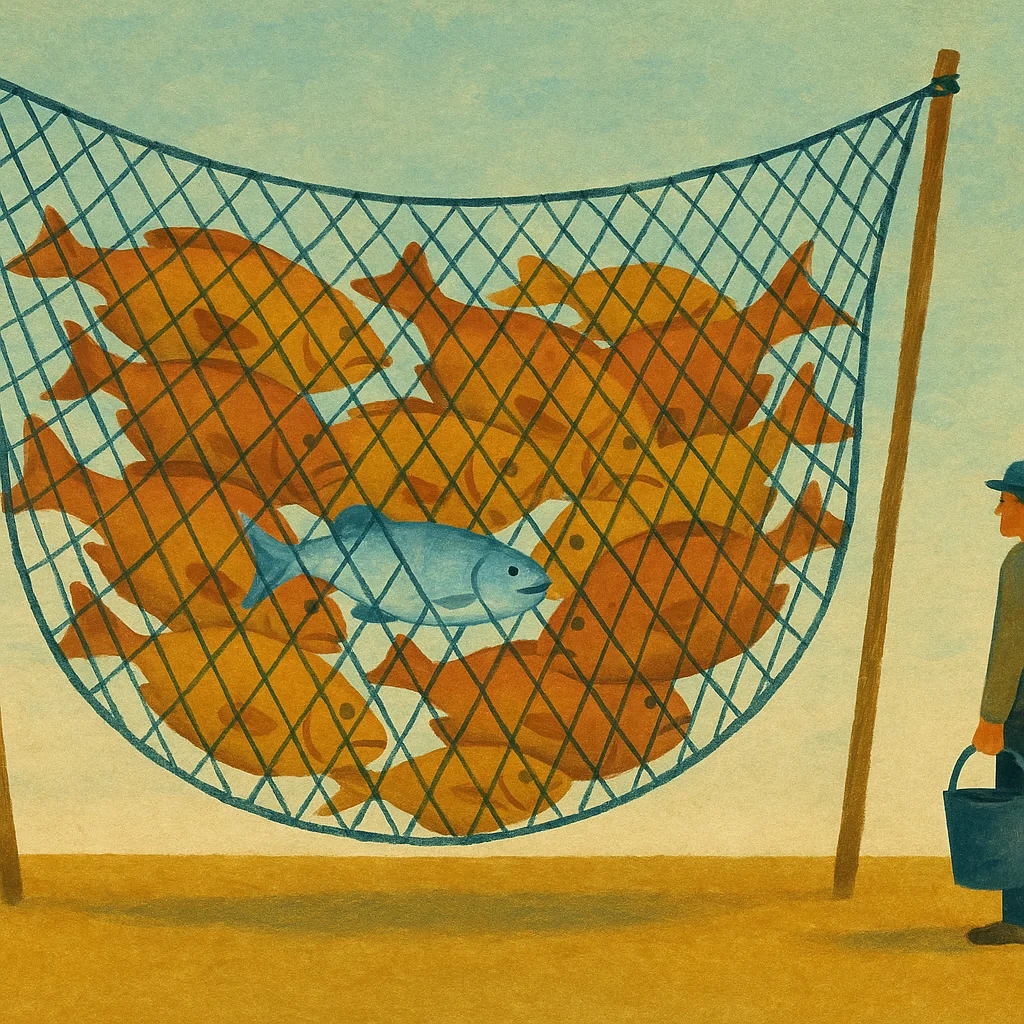 A painted illustration of a large fishing net hung between two wooden poles containing dozens of orange-gold fish and one smaller blue fish among them, while a small figure in a hat holds a bucket and stands to the right observing the net against a pale sky and sandy ground.