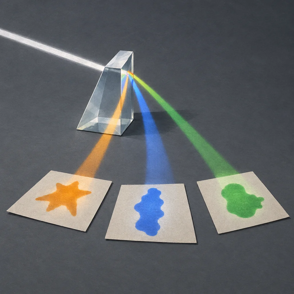 A glass triangular prism on a gray surface refracts a single white light beam into three separate colored rays, orange, blue, and green, each landing on its own gray card below that displays a distinct irregular shape rendered in the corresponding color, an orange star burst, a blue amorphous blob, and a green irregular form.