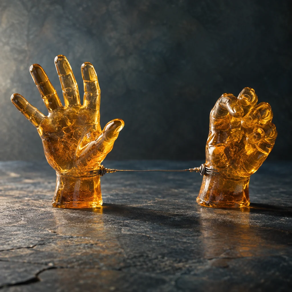 Two translucent amber glass hand sculptures rest on a dark stone surface, the left hand open with fingers spread and the right hand closed in a fist, their wrists bound together by a thin twisted wire that stretches taut between them against a muted blue-gray textured background.