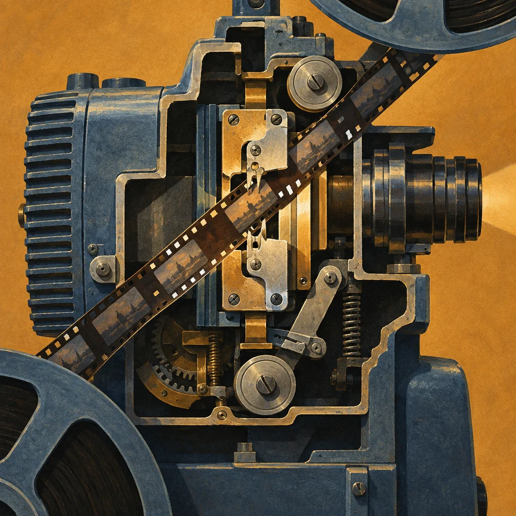 A cutaway cross-section illustration of a vintage film projector in steel blue and aged brass, showing a strip of 35mm film threaded diagonally through the internal gate mechanism past gears, springs, and a glowing light chamber, with a projection lens on the right emitting a narrow beam and two film reels partially visible at the corners, all set against a warm amber-ochre background.