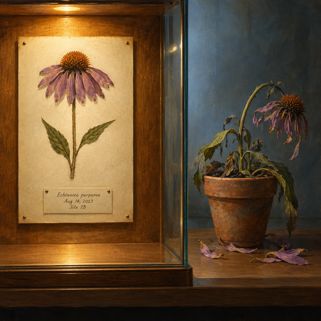 A backlit wooden display case holds a pressed and mounted Echinacea purpurea specimen on aged parchment labeled with a date and site code, while beside it a living potted coneflower of the same species droops with wilted leaves and shed purple petals scattered on the wooden shelf beneath it.