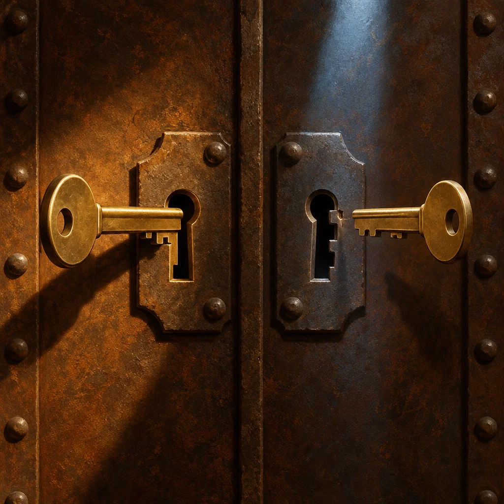 Two ornate aged iron door panels each bear a riveted brass keyhole escutcheon, with a single gold skeleton key inserted horizontally from the outside into each keyhole, the left panel lit warmly and the right panel cast in cool shadow, a thin gap of light visible between the doors.