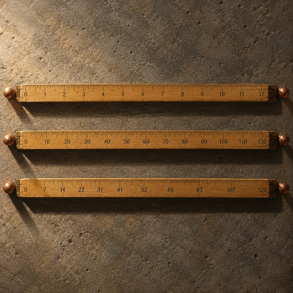 Three wooden rulers of equal physical length are mounted horizontally on a gray stone surface, the top ruler marked 0 to 12 in equal increments, the middle ruler marked 0 to 120 in equal increments, and the bottom ruler marked with an irregular nonlinear sequence ending at 128, each fitted with copper ball-end hardware at both ends.