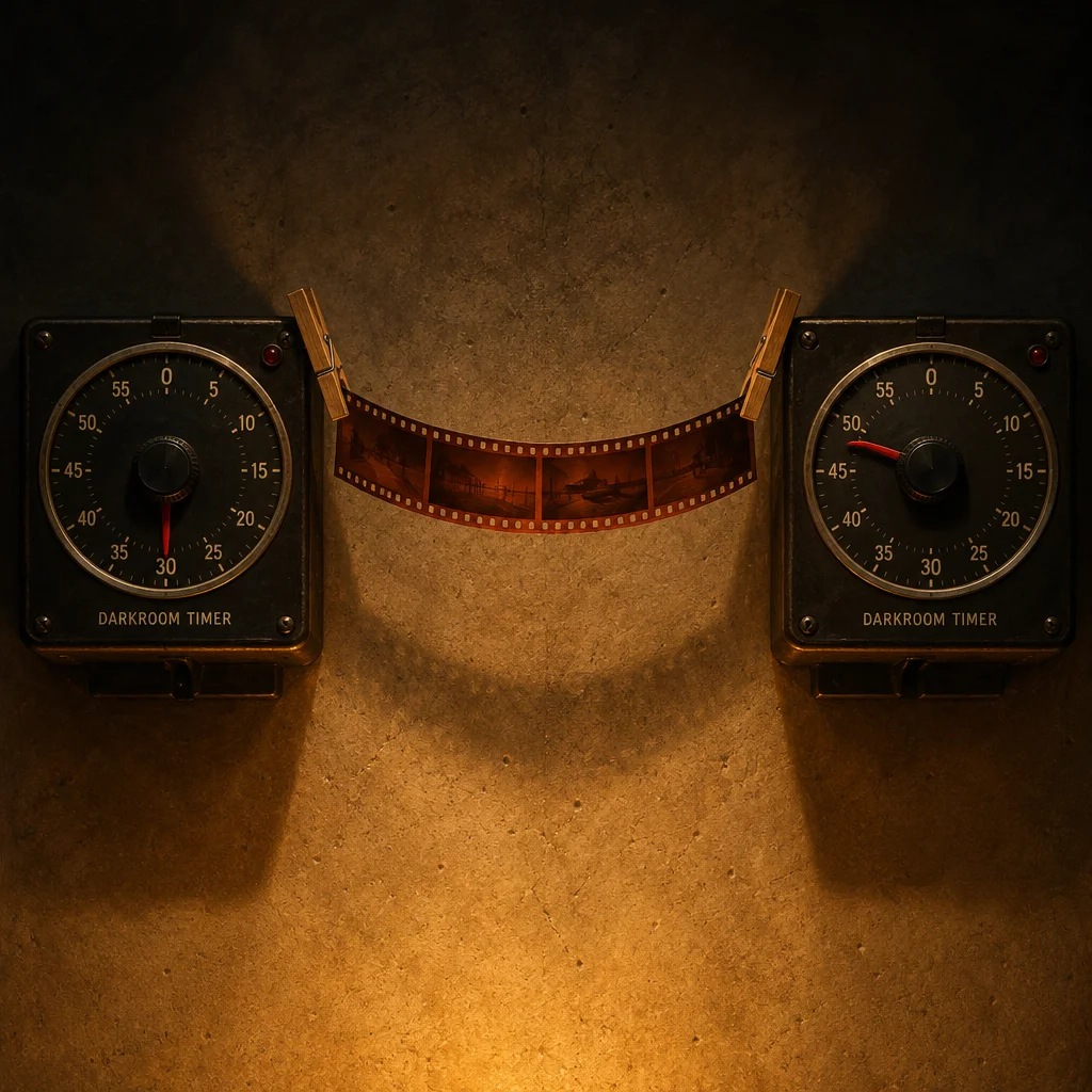 Two square black darkroom timers labeled DARKROOM TIMER are mounted on a warm amber concrete wall with their red hands pointing to different positions on their 0-to-60 minute dials, connected between them by a curved strip of developed film negative clipped at each end by a small brass clothespin, lit by two focused warm spotlights that cast a smiling shadow shape on the wall below.