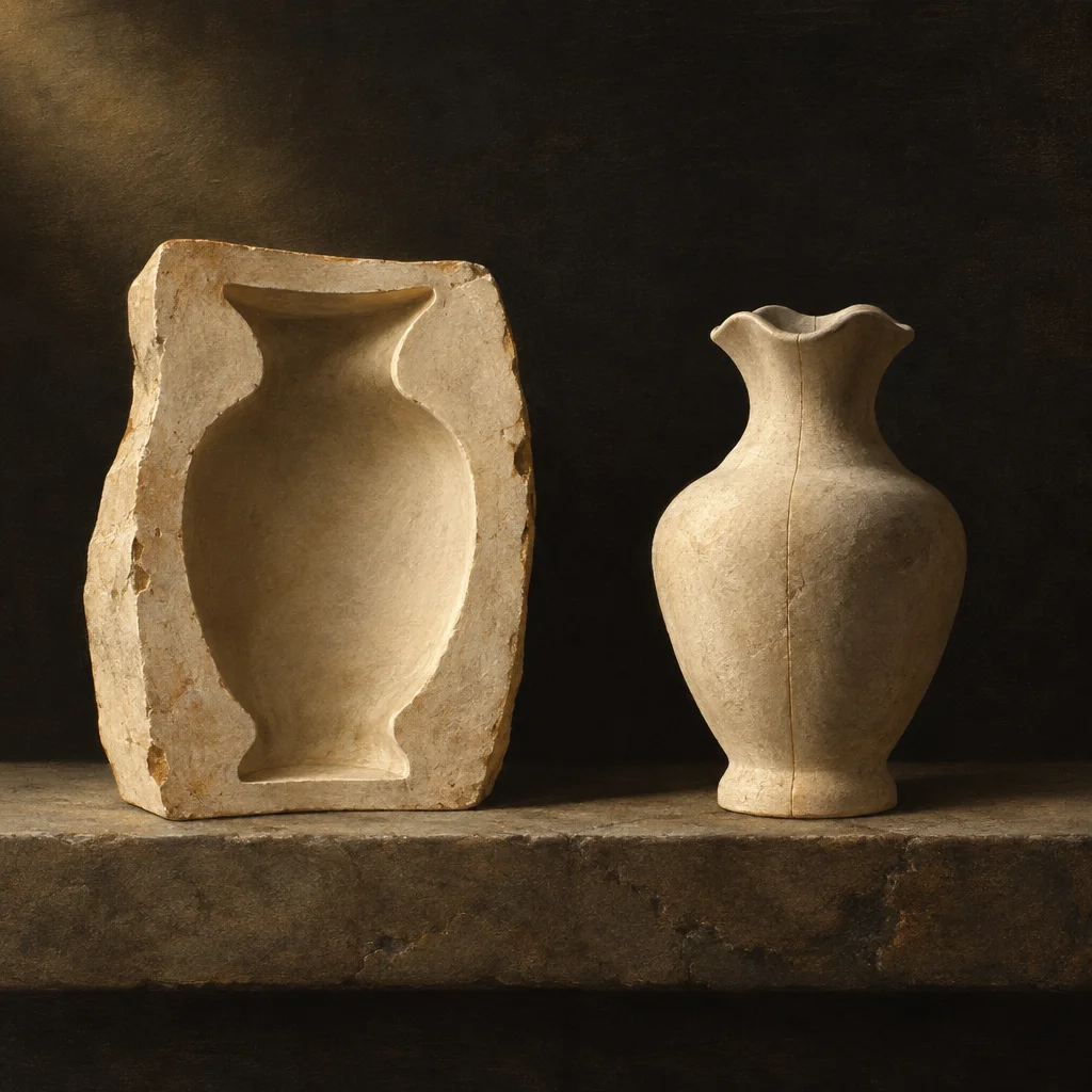 A rough rectangular limestone slab carved with a deep intaglio relief of a classical amphora-shaped vase stands upright on a stone ledge at left, while a separate freestanding cream stone vase of the same silhouette with a ruffled lip and a visible seam line stands independently on the same ledge at right against a dark warm background.
