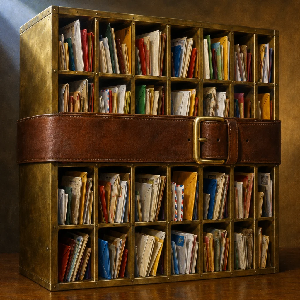 A large aged-brass mail-sorting cabinet with five rows and five columns of open compartments filled with varied colorful envelopes and folded letters is wrapped horizontally around its middle by a wide brown leather belt fastened with a square brass buckle.