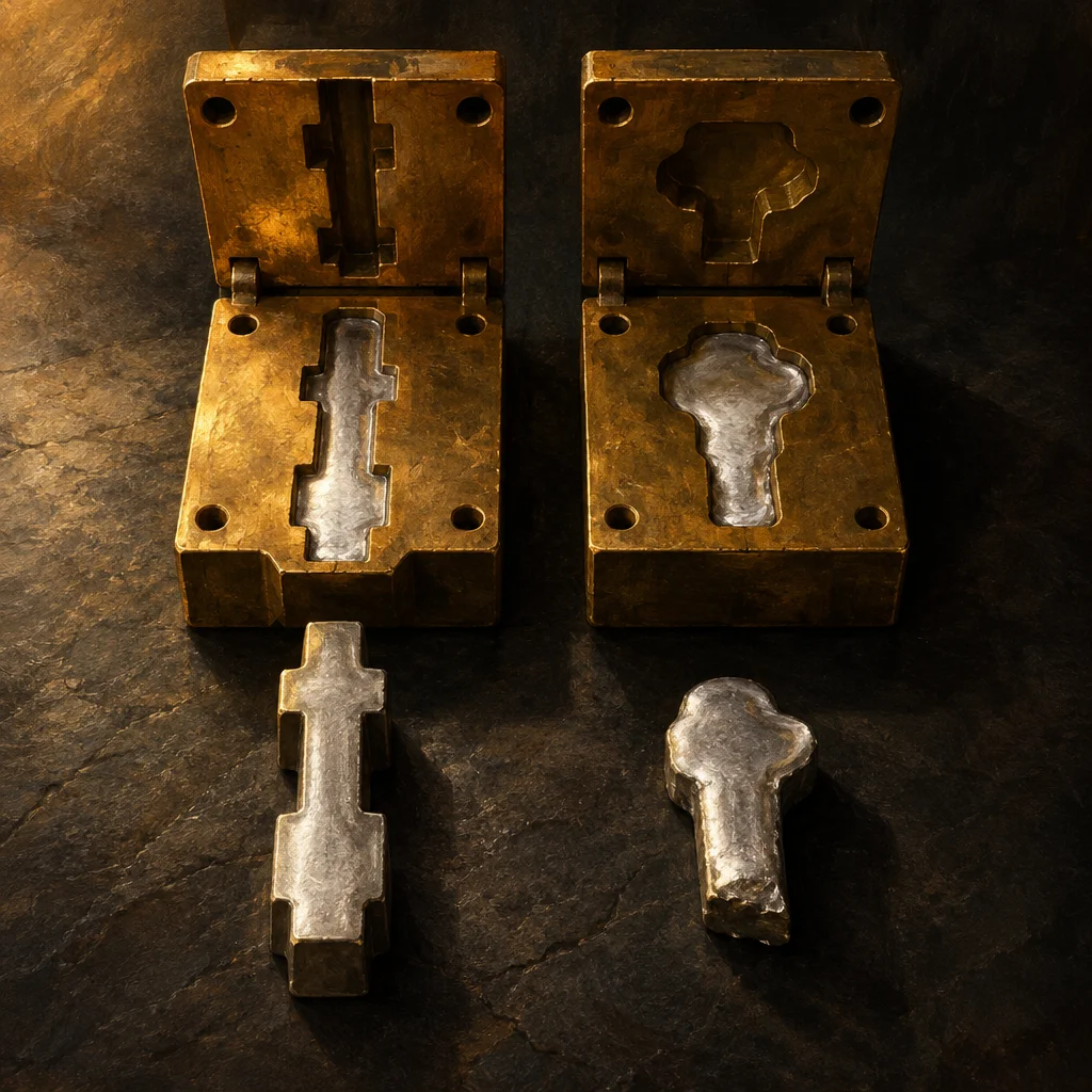 Two open hinged brass casting molds sit side by side on a dark stone surface, the left mold holding a narrow cross-shaped silver cast and the right mold holding a wider mushroom-key-shaped silver cast, with a matching finished cross-shaped piece and a smaller rougher key-shaped piece resting below each respective mold.