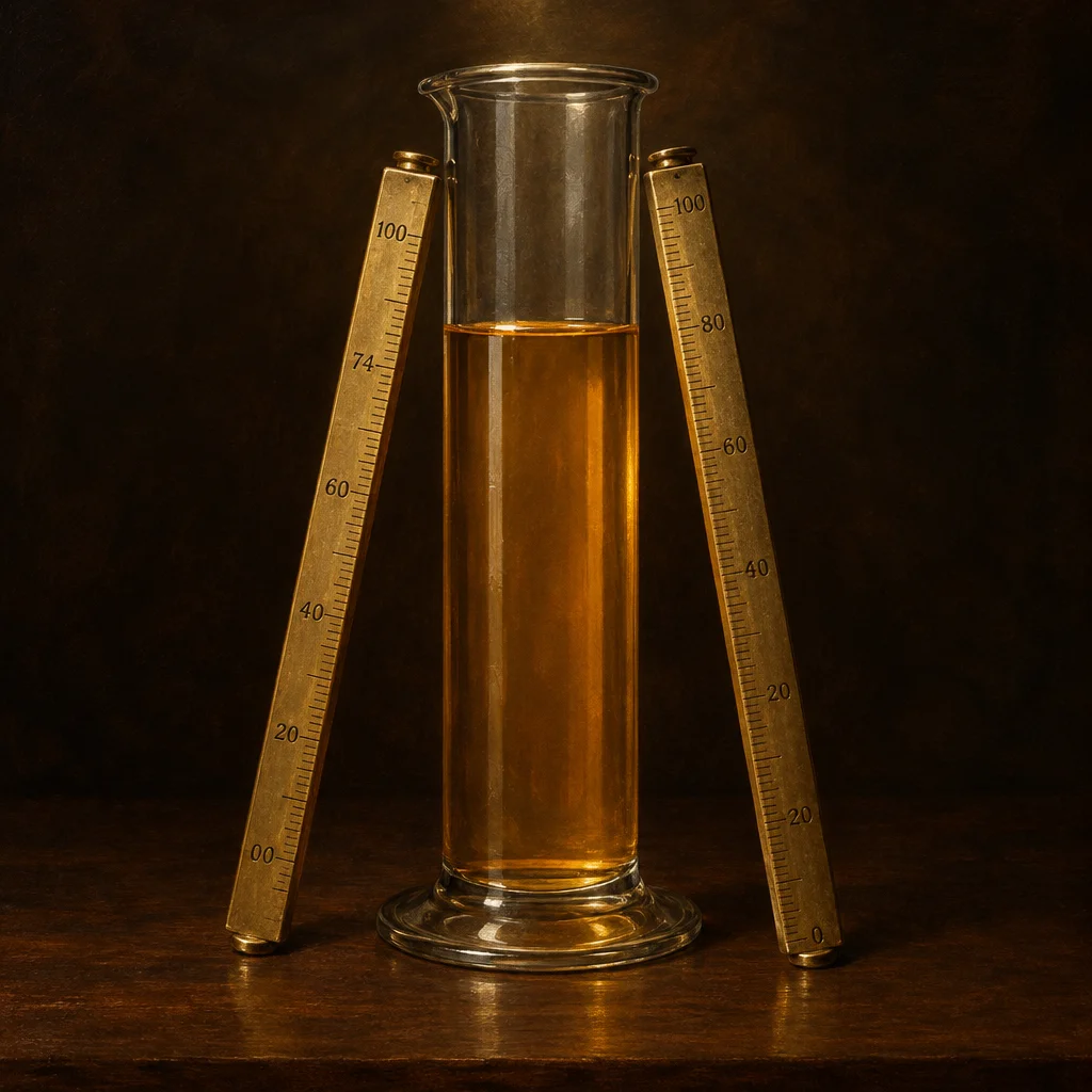 A tall glass graduated cylinder filled with amber liquid stands on a dark wood surface between two brass rulers leaning against it from either side, each ruler marked from 0 to 100 with the left ruler showing the liquid level near the 74 mark and the right ruler showing it near the 80 mark, against a dark brown background.