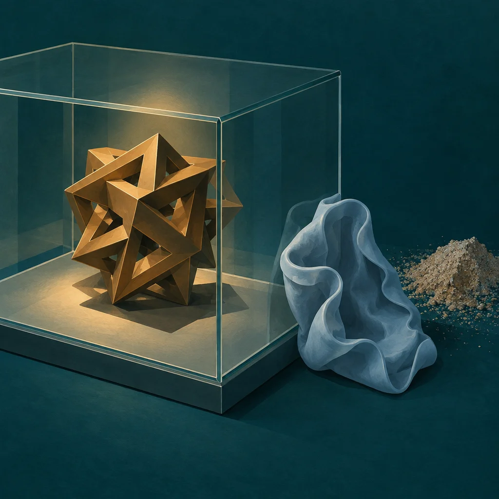A faceted golden star polyhedron rests illuminated inside an open glass display case on a lit base, while immediately outside the case a crumpled translucent pale form slumps against the glass wall next to a loose mound of sandy granular material on a dark teal surface.