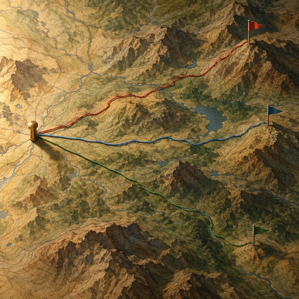 A gold board-game pawn positioned on a detailed relief topographic map anchors three colored strings, a red route climbing steeply to a red flag on the highest peak, a blue route traversing a middle ridge to a blue flag, and a green route descending through valleys to a green flag at lower elevation, each path ending at a physically distinct location on the terrain.