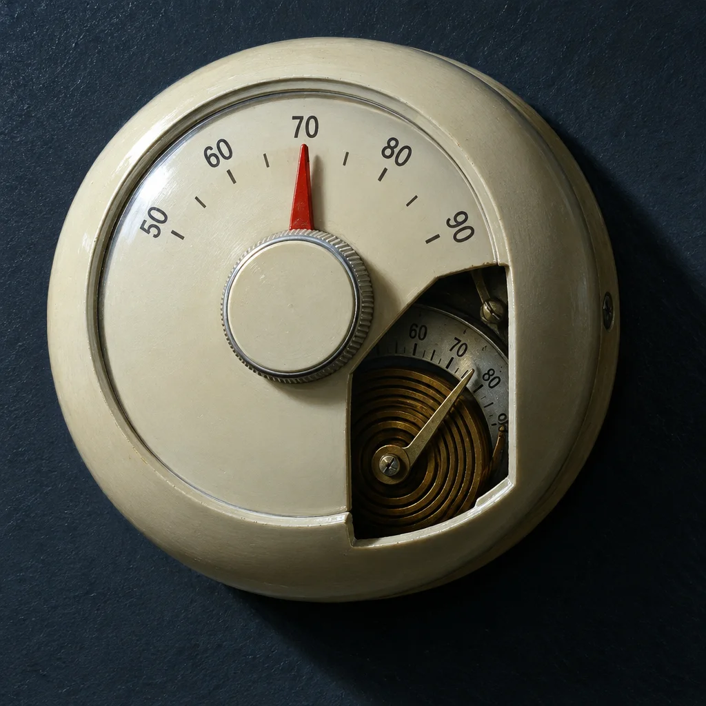A vintage round wall thermostat with a cream plastic casing has its outer dial marked 50 through 90 with a red needle pointing to 70, while a cutaway section on the lower right reveals the internal brass bimetallic coil spring and a secondary scale whose own indicator points near 80.