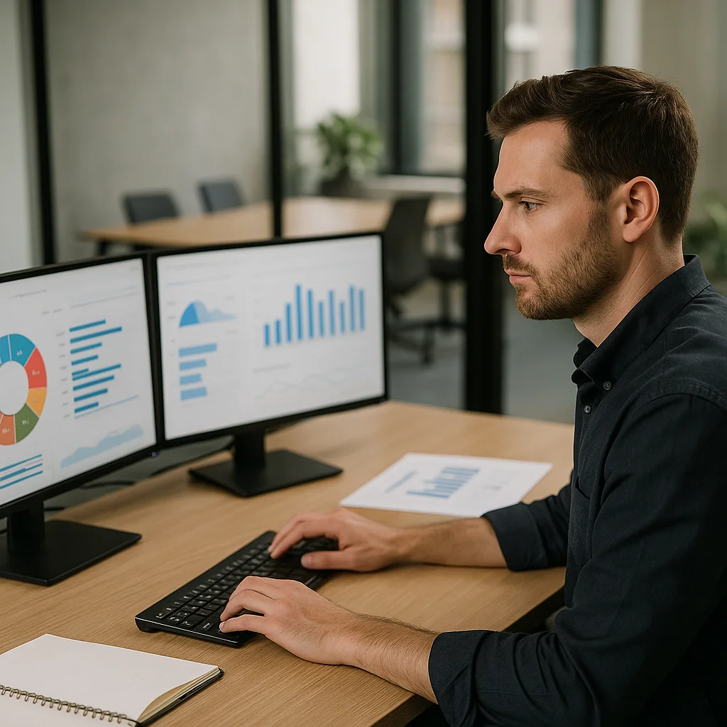 A dark-haired bearded man in a navy shirt sits at a wooden desk typing on a black keyboard, facing two monitors showing pie charts and blue bar graph dashboards, with a printed chart and spiral notebook nearby in a glass-walled office.