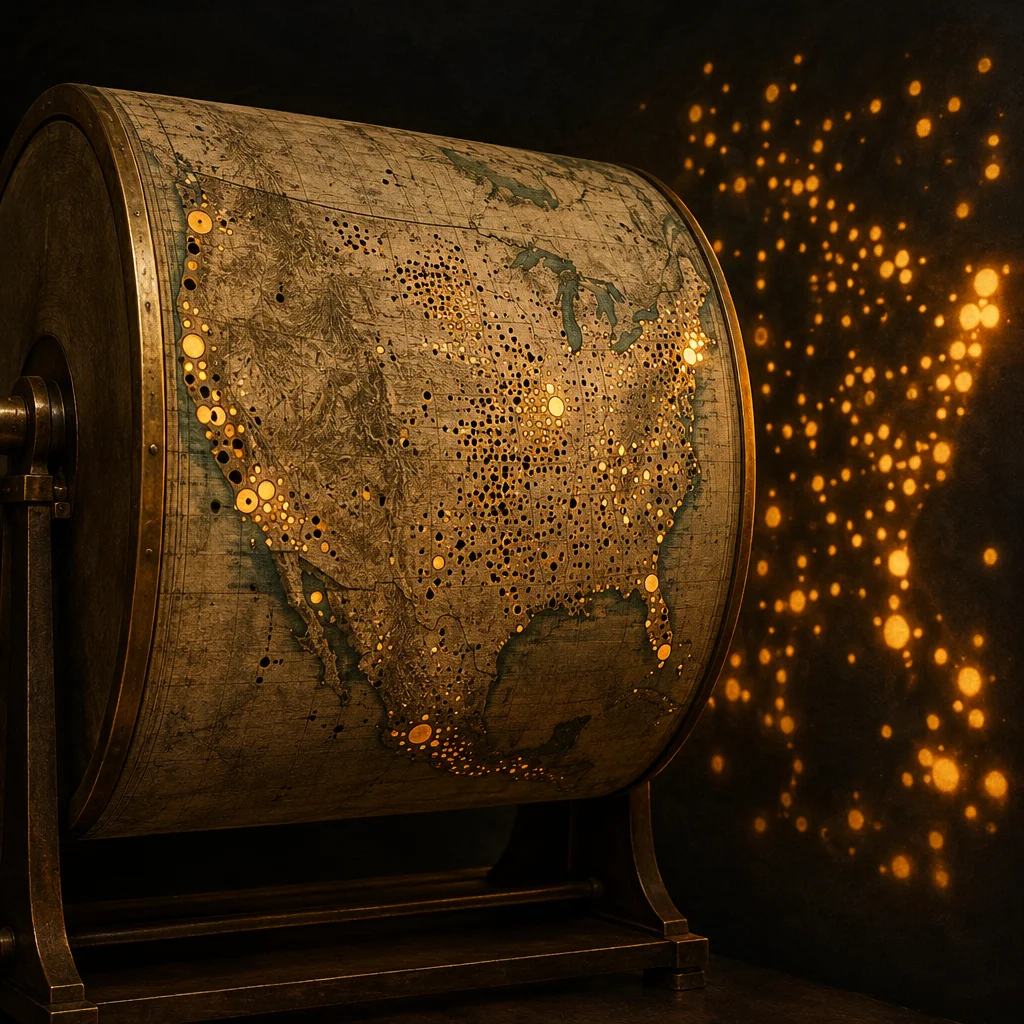 A large brass-mounted cylindrical drum printed with an aged relief map of the continental United States sits on a metal stand, its surface pierced with dozens of circular holes of varying sizes that glow amber from an interior light source, casting a scattered constellation of warm golden bokeh dots of unequal sizes onto the dark wall behind it.