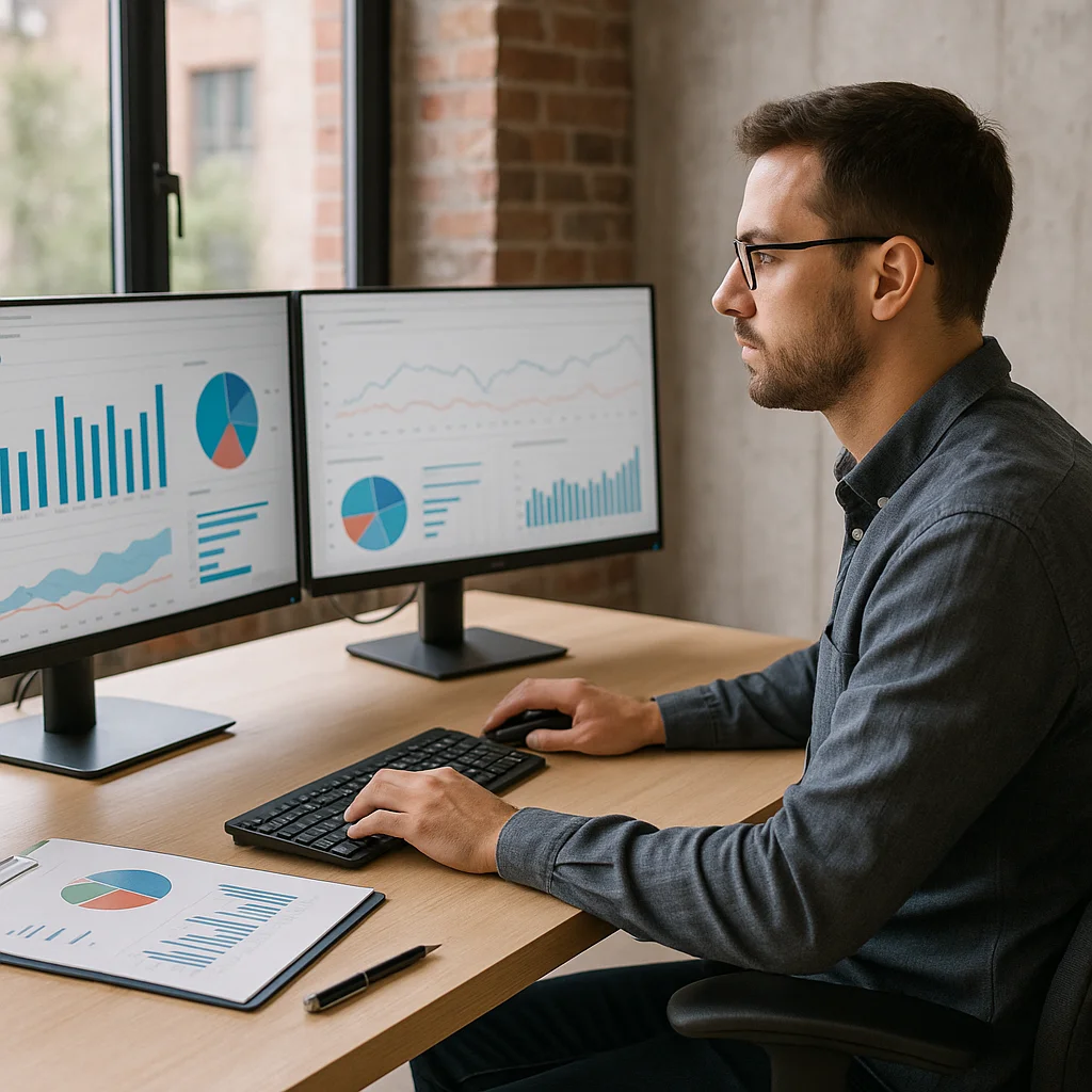 A bearded man wearing glasses and a grey shirt sits at a wooden desk operating a keyboard and mouse in front of two large monitors showing blue and red bar charts, pie charts, and line graphs, with a printed chart report also visible on the desk.