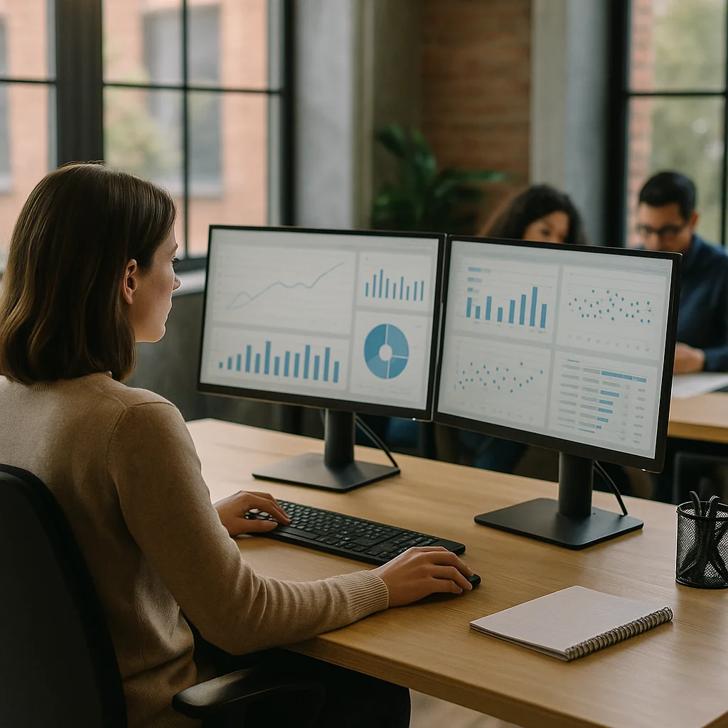 A woman with shoulder-length brown hair in a beige sweater sits at a wooden desk operating a keyboard and mouse while viewing two large monitors displaying colorful bar charts, line graphs, pie charts, and scatter plots, with two colleagues blurred in the background.