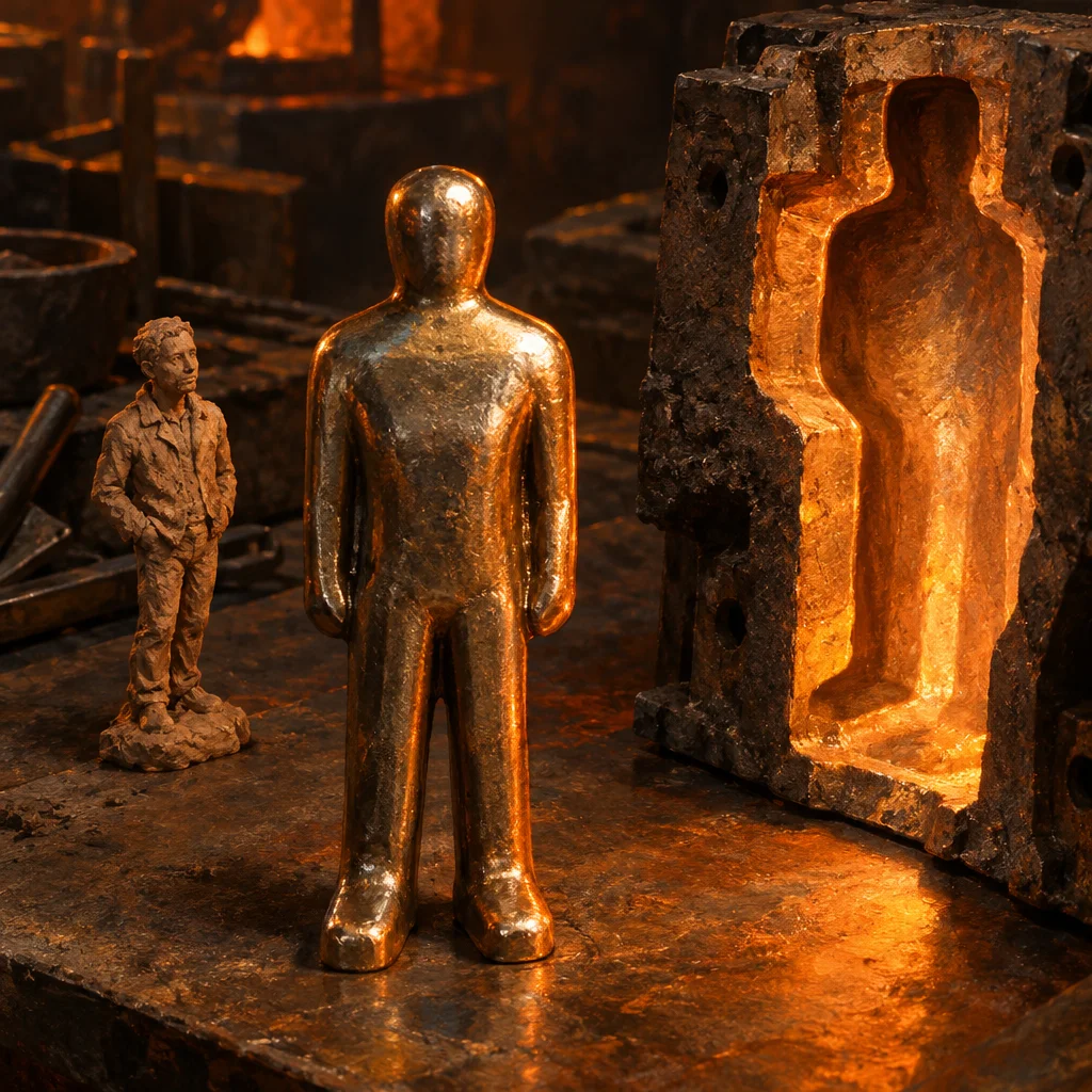On a dark iron foundry table, a small detailed clay figure of a casually dressed man stands to the left, a smooth featureless polished bronze human figure stands in the center, and an open two-part cast-iron mold with a glowing amber human-shaped cavity stands to the right, with a furnace fire visible in the background.