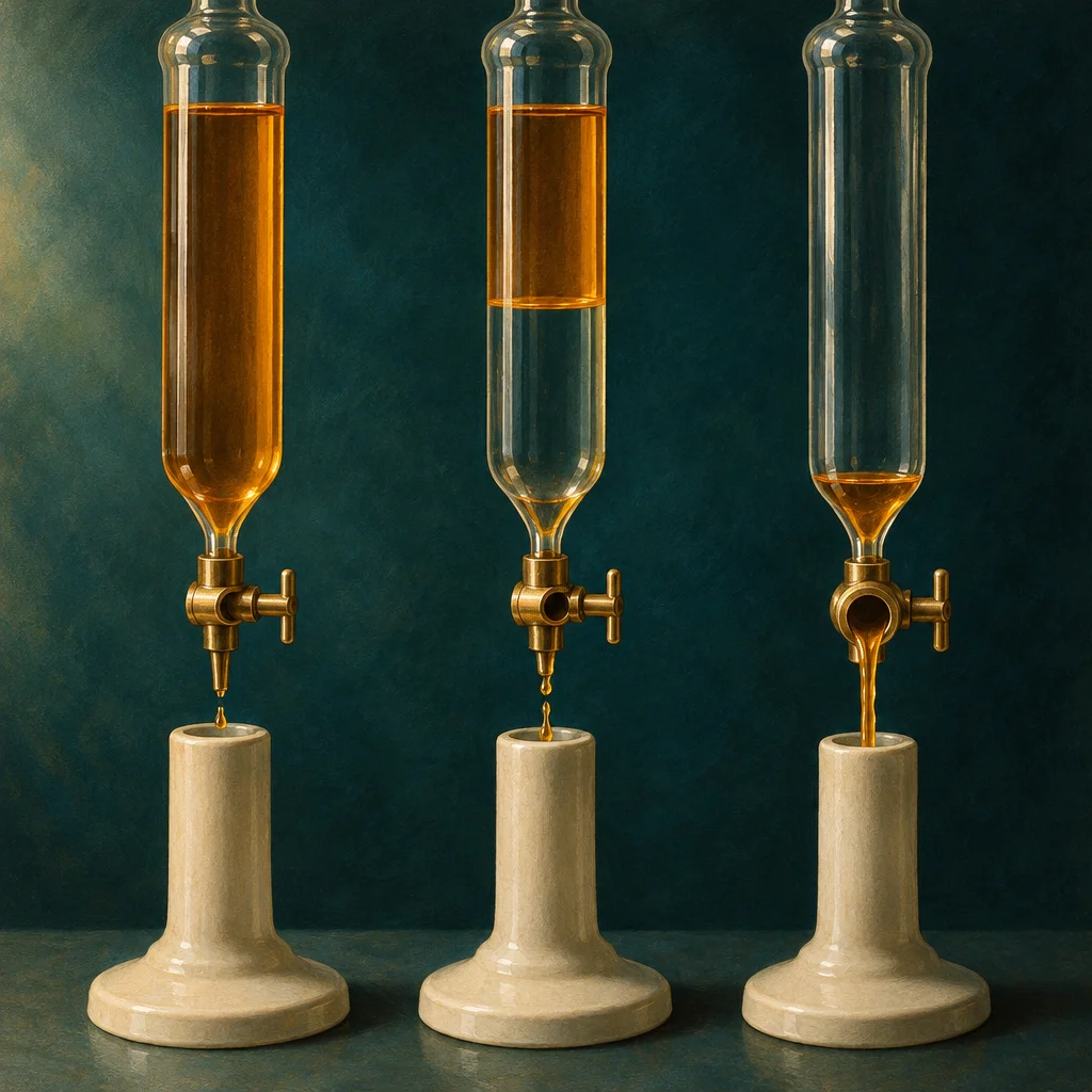 Three tall glass burettes mounted on cream ceramic stands each hold amber liquid at progressively lower fill levels from left to right, with brass stopcock valves at their narrow lower necks open to different degrees, producing a slow drip on the left, a small drop on the center, and a full stream on the right, all draining into the ceramic bases below.