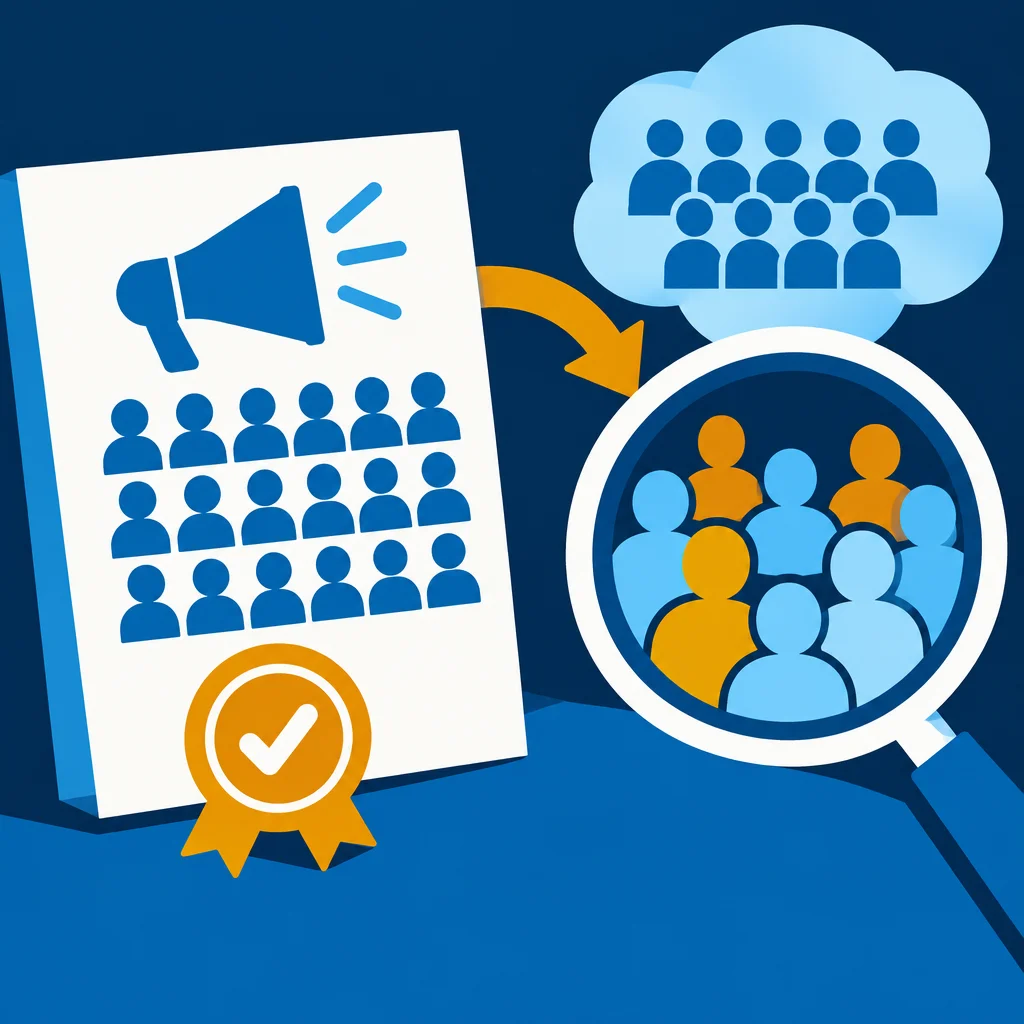 A flat-style illustration on a dark blue background showing a white document with a megaphone and rows of blue person icons and a gold certification badge, an arrow pointing from a cloud of person icons into a magnifying glass containing a mix of blue and orange highlighted person icons.