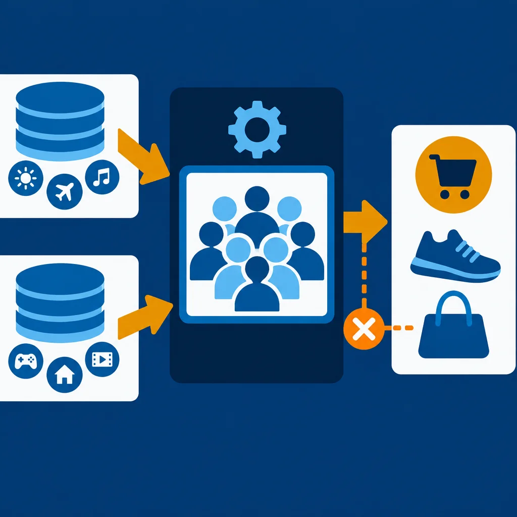 A blue diagram showing two stacked database icons with interest category symbols feeding via orange arrows into a dark panel containing a group of people figures and a gear icon, which then connects via a solid orange arrow to a shopping cart and sneaker and via a blocked dashed line with an X to a handbag.