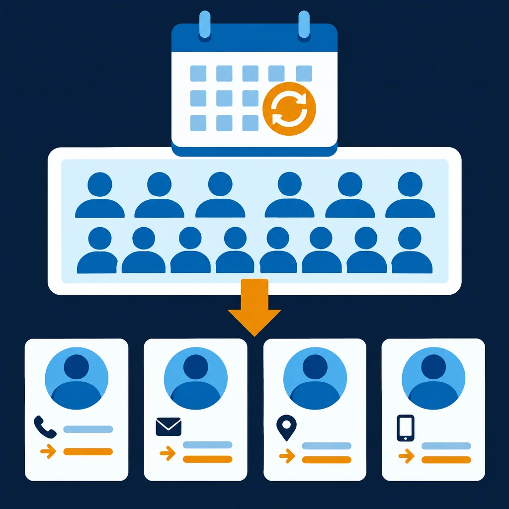 A blue calendar icon with an orange refresh symbol sits above a grouped panel of blue person icons, with an orange arrow pointing down to four individual contact cards each showing a profile avatar alongside phone, email, location, and mobile icons with orange highlight bars.