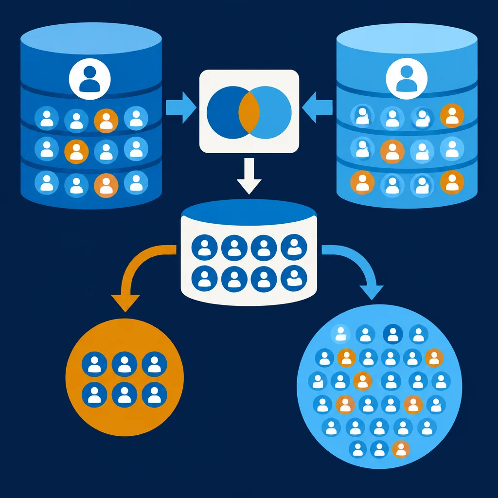 Two blue cylindrical databases with person icons including orange-highlighted figures feed arrows into a central Venn diagram icon, which outputs downward to a white cylinder of matched blue person icons, which then branches left via an orange arrow to a small orange circle of matched people and right via a blue arrow to a large blue circle containing many more blue and orange person icons.