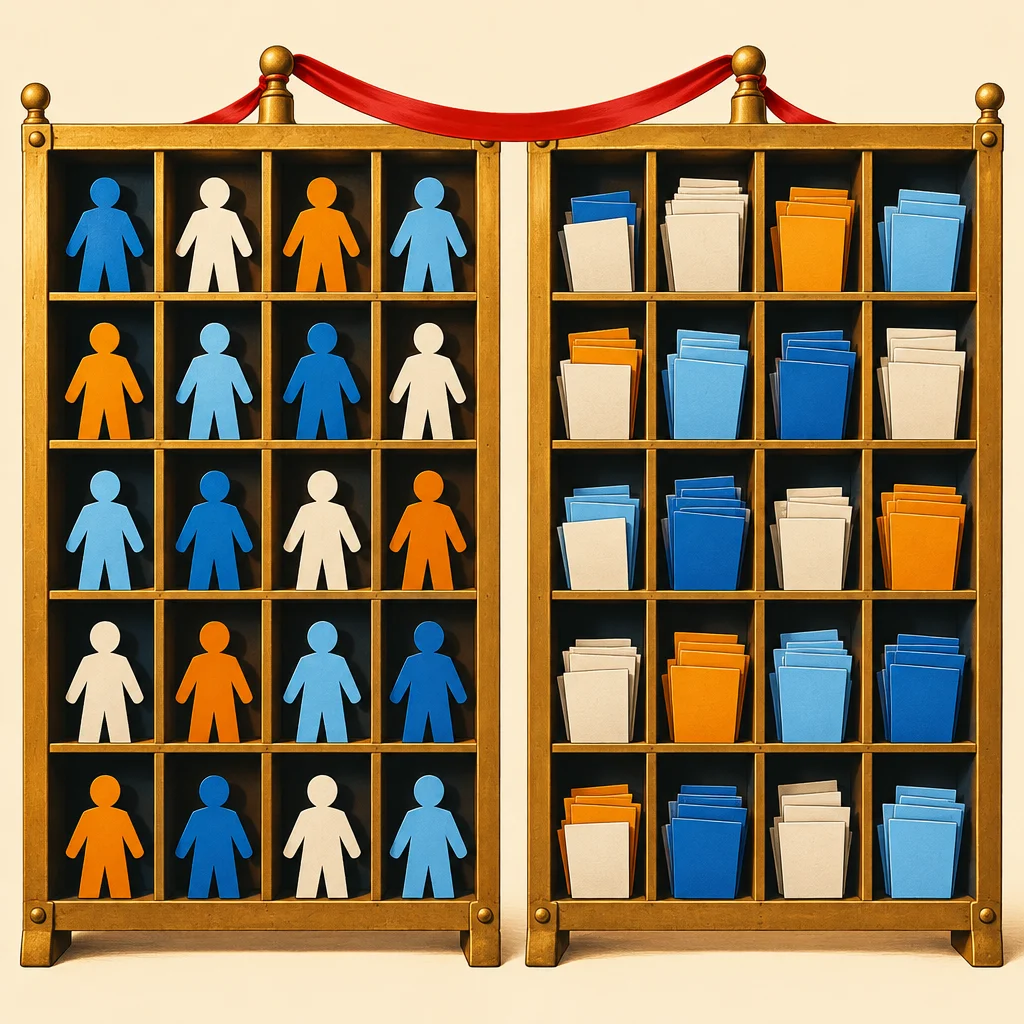 Two gold display cases connected by a red velvet rope, the left case holding colorful orange, blue, and white human figurines arranged in a grid, and the right case holding matching stacks of orange, blue, and white cards or folders in the same grid layout.