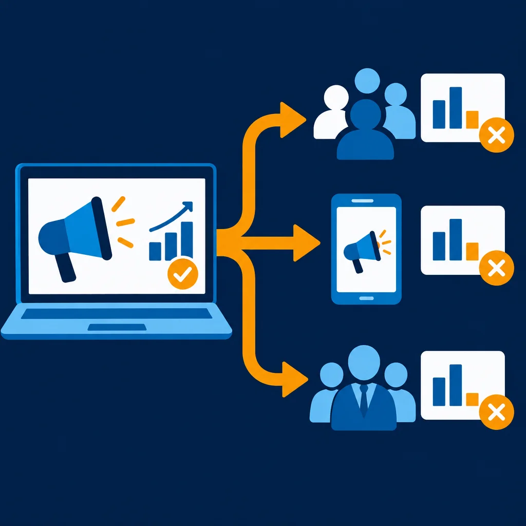 A laptop displaying a megaphone and growth chart with a checkmark sends orange arrows to three destinations: a group of people, a mobile phone with a megaphone, and a suited group, each paired with a bar chart card marked with an orange X.