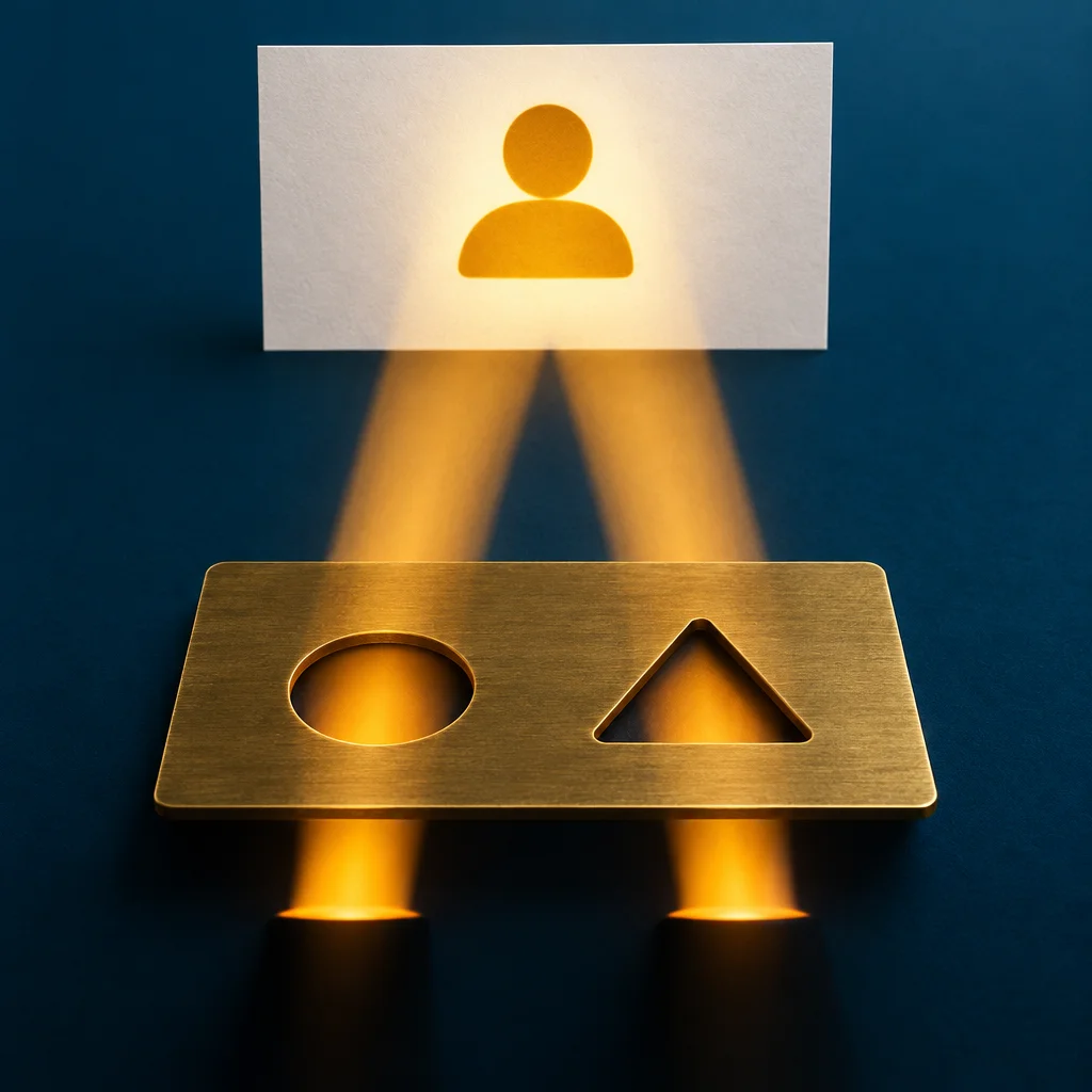 A brushed gold metal plate with a circular and a triangular cutout sits against a dark blue background, with golden light beaming upward through both holes and projecting onto a white card displaying a single golden person icon.