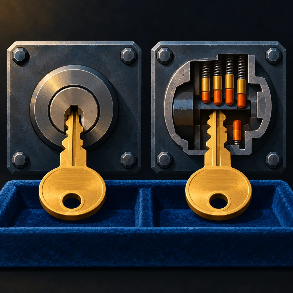 Two brass keys inserted into matching metal lock plates displayed on blue velvet, the right plate shown in cross-section revealing orange and gold pin tumblers and coil springs inside the cylinder.