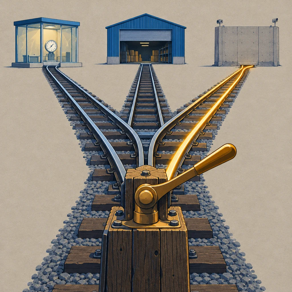 A detailed illustration of a golden railway switch lever at the foreground where tracks split into three directions, each leading to a different building: a lit booth with a clock on the left, a blue warehouse in the center, and a concrete security structure on the right.