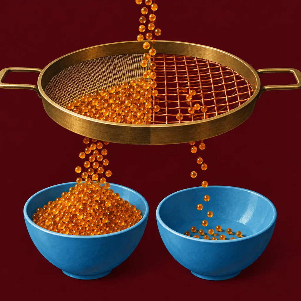 A gold sieve with two distinct mesh sizes filters amber beads falling from above into two blue bowls below, one overflowing and one nearly empty, against a dark red background.