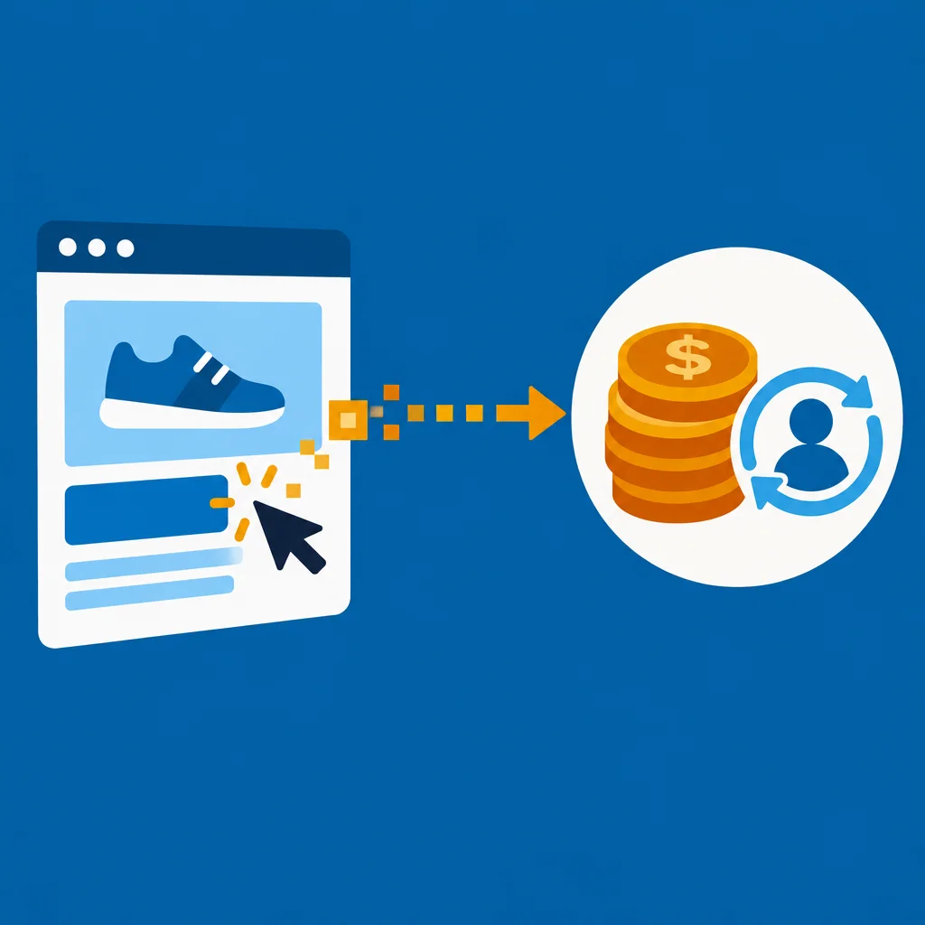 A flat-style illustration on a blue background showing a browser window with a sneaker product page being clicked, connected by an orange dotted arrow to a circle containing stacked gold coins with a dollar sign and a blue circular user-refresh icon.